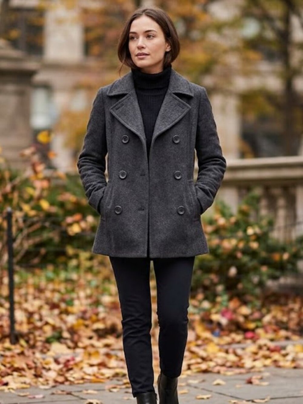 Tailored Wool Blend Double Breasted Pea Coat Dark Gray Small